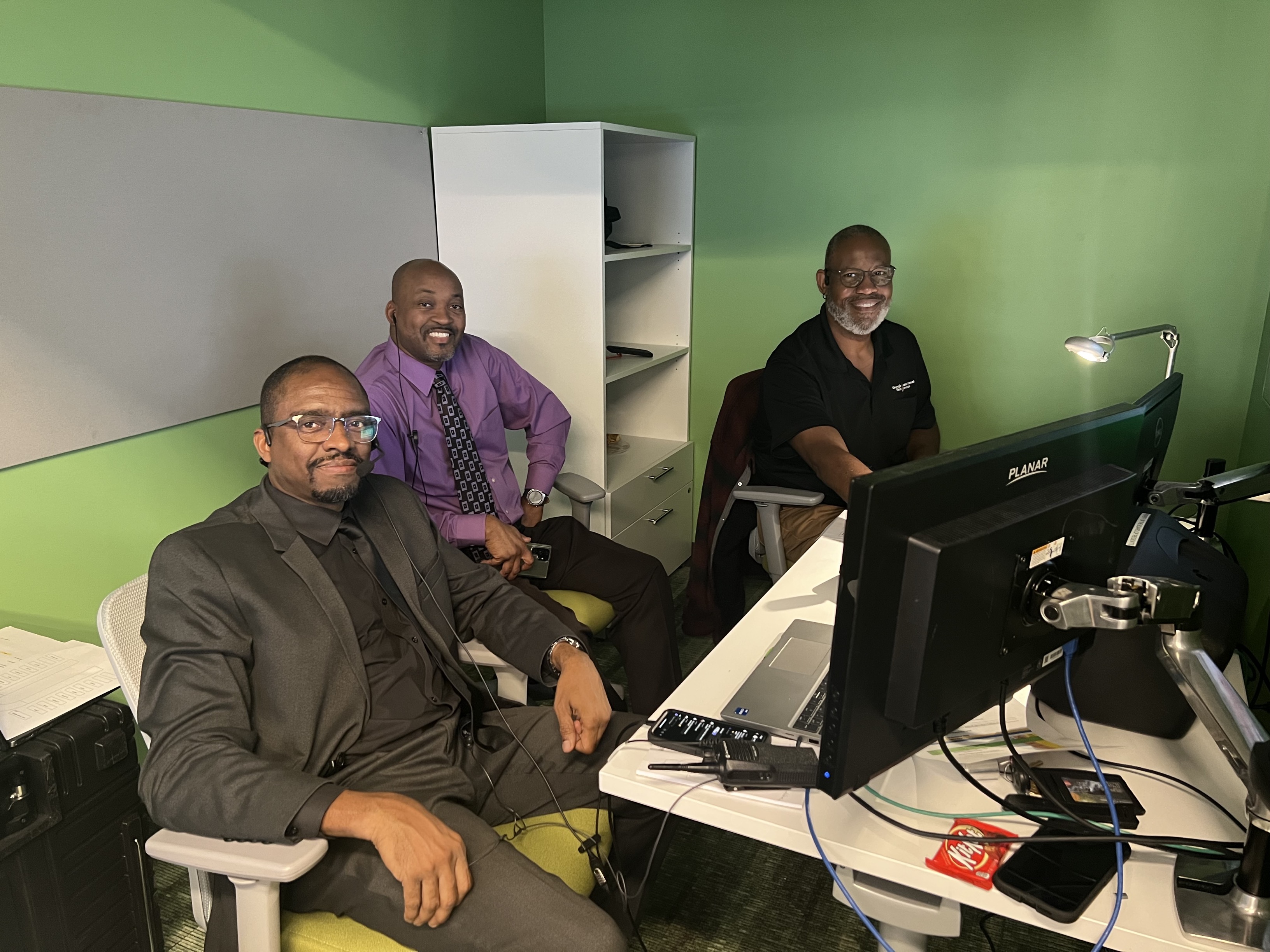 Featured from left to right: Charlie Wright, A/V-IT Support professional manager senior; Marcus Garnett, A/V manager for the Board of Regents; and Quincy Thomas, AV-IT Support professional II. 
